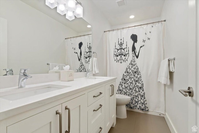 848 S Greenwood Ter E, Salt Lake City, UT 84105 - full bath with toilet, tile patterned floors, double vanity, a shower with shower curtain, and recessed lighting