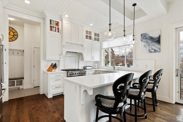 848 S Greenwood Ter E, Salt Lake City, UT 84105 - kitchen with stove, plenty of natural light, backsplash, ornamental molding, and white cabinets