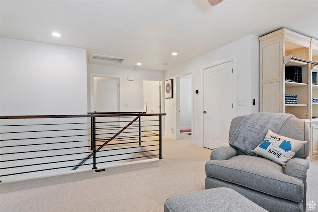848 S Greenwood Ter E, Salt Lake City, UT 84105 - living area with an upstairs landing, carpet, recessed lighting, and baseboards