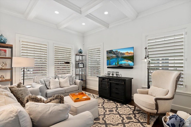 848 S Greenwood Ter E, Salt Lake City, UT 84105 - living area with wood finished floors, coffered ceiling, recessed lighting, beam ceiling, and crown molding