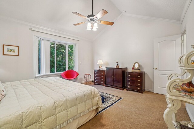 4538 Cottage Grove Ln, Murray, UT 84107 - carpeted bedroom featuring ornamental molding, lofted ceiling, and ceiling fan
