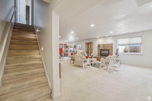 4538 Cottage Grove Ln, Murray, UT 84107 - stairs with carpet flooring, recessed lighting, baseboards, and a fireplace