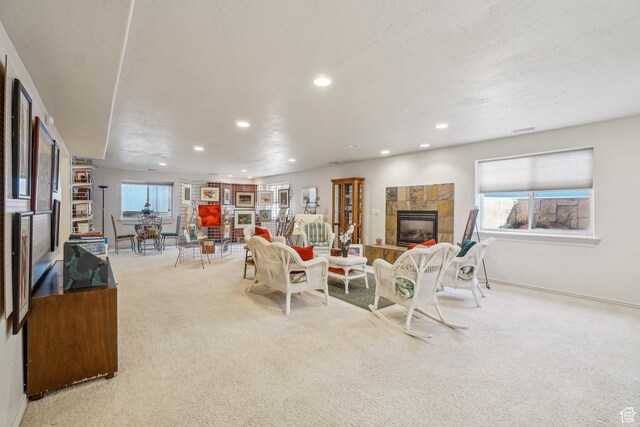4538 Cottage Grove Ln, Murray, UT 84107 - living room featuring a fireplace, carpet flooring, recessed lighting, and baseboards