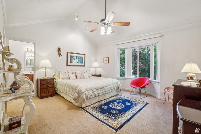 4538 Cottage Grove Ln, Murray, UT 84107 - bedroom featuring light colored carpet, crown molding, lofted ceiling, baseboards, and ceiling fan