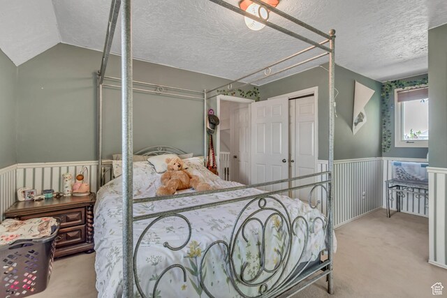 1789 N Stayner Dr W, Farmington, UT 84025 - carpeted bedroom featuring a textured ceiling, wainscoting, a closet, and lofted ceiling