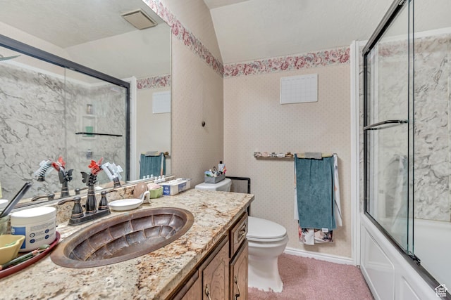 1789 N Stayner Dr W, Farmington, UT 84025 - bathroom with vanity, toilet, vaulted ceiling, bath / shower combo with glass door, and baseboards