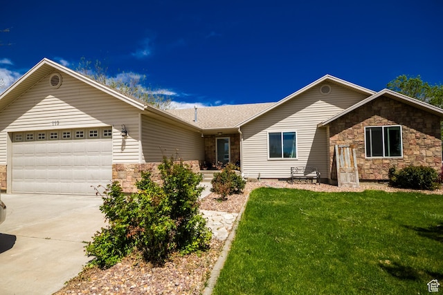 113 E 1500 N, Vernal, UT 84078 - single story home featuring stone siding, a garage, driveway, and a front yard