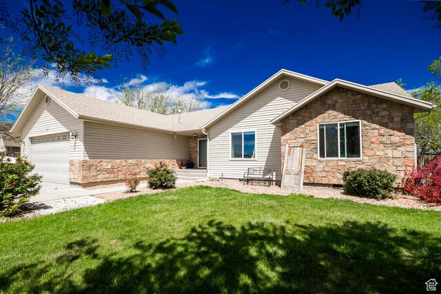 113 E 1500 N, Vernal, UT 84078 - ranch-style home with stone siding, an attached garage, a front yard, and concrete driveway