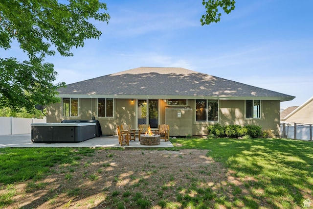280 N Mill Rd, Heber City, UT 84032 - back of property with an outdoor fire pit, a hot tub, a patio area, and roof with shingles