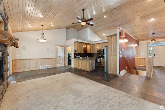 280 N Mill Rd, Heber City, UT 84032 - kitchen featuring stainless steel appliances, a wainscoted wall, open floor plan, ceiling fan, and lofted ceiling