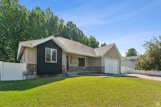 280 N Mill Rd, Heber City, UT 84032 - ranch-style home featuring stone siding, concrete driveway, an attached garage, stucco siding, and a porch