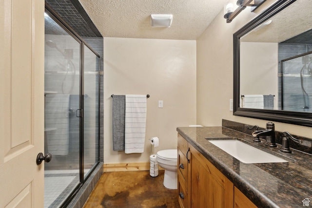 280 N Mill Rd, Heber City, UT 84032 - full bathroom featuring vanity, toilet, a stall shower, finished concrete floors, and a textured ceiling