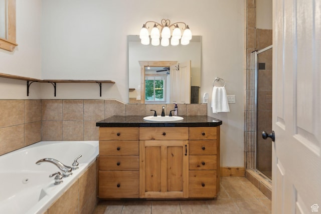 280 N Mill Rd, Heber City, UT 84032 - bathroom with vanity, a stall shower, a tub with jets, and tile patterned floors