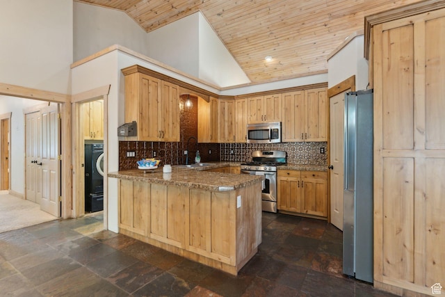 280 N Mill Rd, Heber City, UT 84032 - kitchen featuring stainless steel appliances, a sink, a peninsula, high vaulted ceiling, and wood ceiling