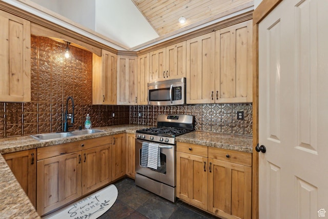 280 N Mill Rd, Heber City, UT 84032 - kitchen featuring stainless steel appliances, a sink, tasteful backsplash, dark stone finish flooring, and light brown cabinets