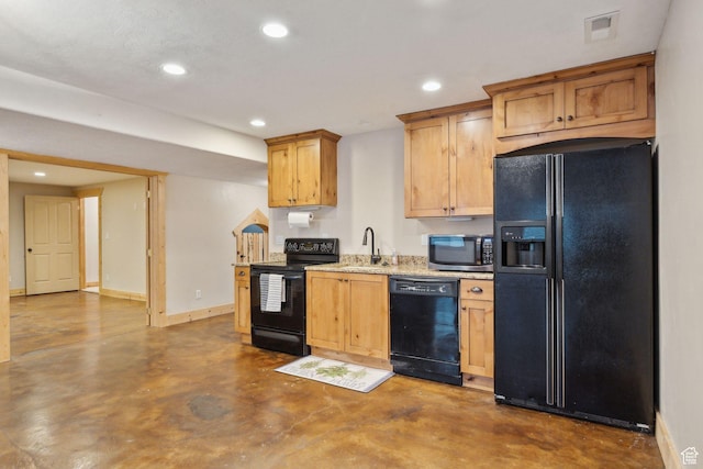 280 N Mill Rd, Heber City, UT 84032 - kitchen with black appliances, finished concrete flooring, recessed lighting, baseboards, and a sink