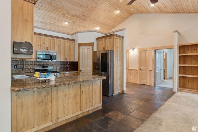 280 N Mill Rd, Heber City, UT 84032 - kitchen with stainless steel appliances, wooden ceiling, a peninsula, ceiling fan, and dark stone countertops