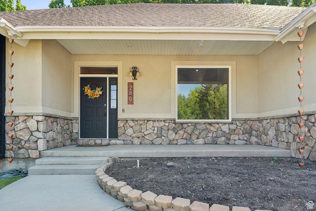 280 N Mill Rd, Heber City, UT 84032 - doorway to property with stone siding, stucco siding, and a shingled roof