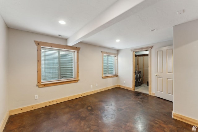 280 N Mill Rd, Heber City, UT 84032 - unfurnished room featuring washer and dryer, concrete flooring, baseboards, beam ceiling, and recessed lighting
