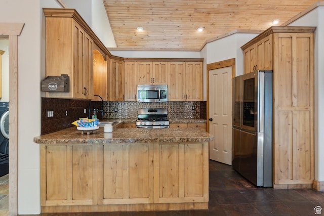 280 N Mill Rd, Heber City, UT 84032 - kitchen with appliances with stainless steel finishes, a peninsula, decorative backsplash, wooden ceiling, and dark stone counters
