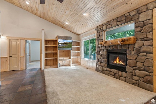 280 N Mill Rd, Heber City, UT 84032 - unfurnished living room with a fireplace, high vaulted ceiling, recessed lighting, wood ceiling, and ceiling fan