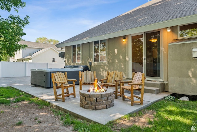 280 N Mill Rd, Heber City, UT 84032 - view of patio / terrace with a fire pit and a hot tub