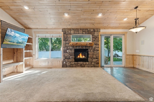 280 N Mill Rd, Heber City, UT 84032 - unfurnished living room with wooden ceiling, plenty of natural light, a fireplace, lofted ceiling, and wainscoting