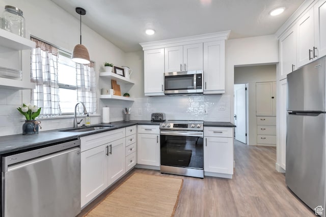 292 S 100 W, Provo, UT 84601 - kitchen featuring stainless steel appliances, open shelves, a sink, dark countertops, and white cabinetry