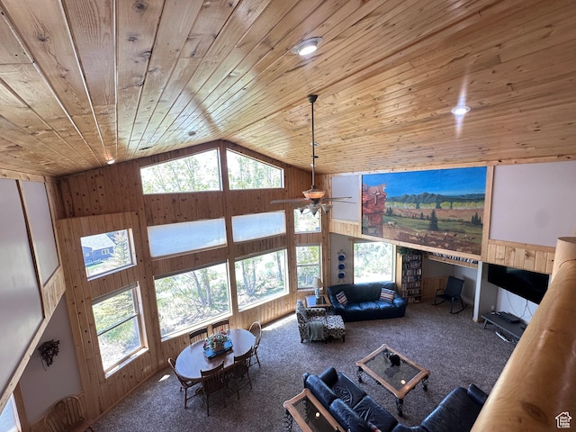 1940 E Shore Rd, Saint Charles, ID 83272 - living area featuring wood ceiling, carpet flooring, wooden walls, a ceiling fan, and plenty of natural light