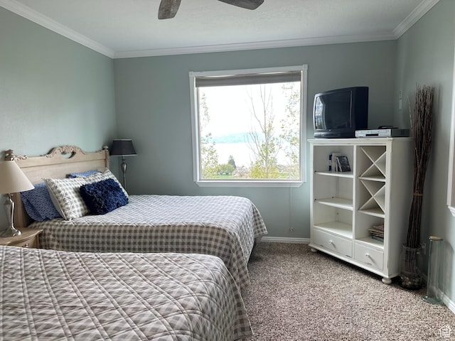 1940 E Shore Rd, Saint Charles, ID 83272 - bedroom featuring ornamental molding, baseboards, carpet, and ceiling fan