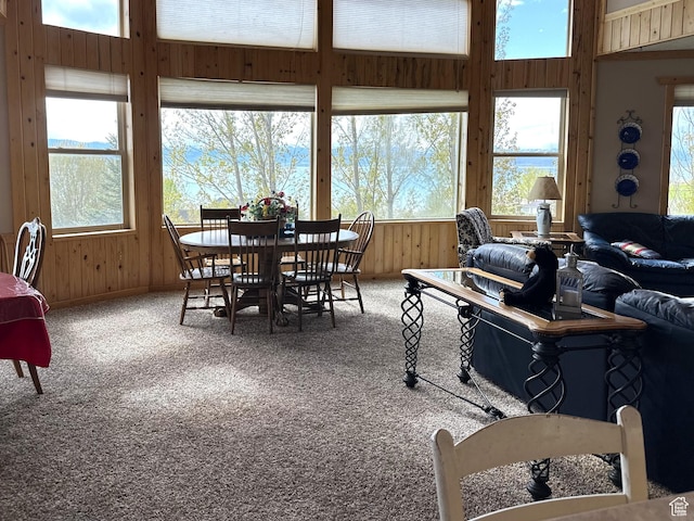 1940 E Shore Rd, Saint Charles, ID 83272 - dining area with carpet flooring and wooden walls