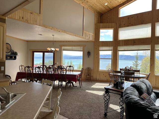 1940 E Shore Rd, Saint Charles, ID 83272 - living room featuring high vaulted ceiling, plenty of natural light, carpet, wooden walls, and a chandelier