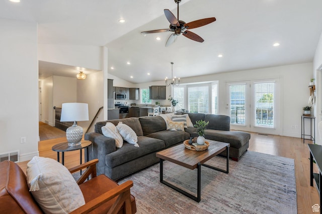 69 E Hudson Dr, Elk Ridge, UT 84651 - living room featuring ceiling fan, a chandelier, lofted ceiling, light wood-type flooring, and recessed lighting