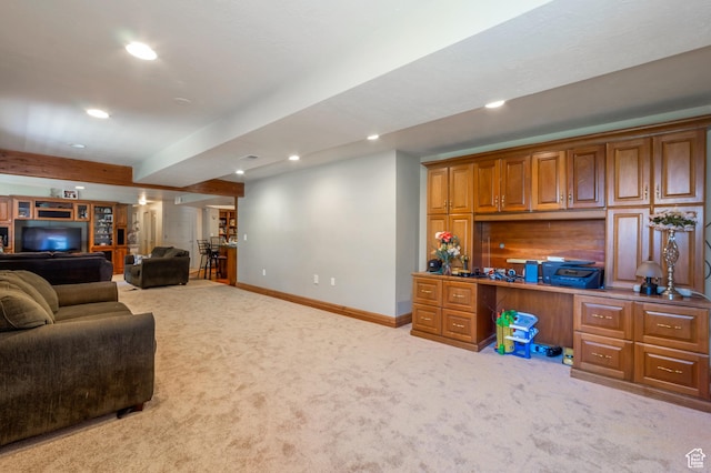 1995 E 6225 S, South Ogden, UT 84403 - living room with carpet floors, recessed lighting, a desk, and beam ceiling