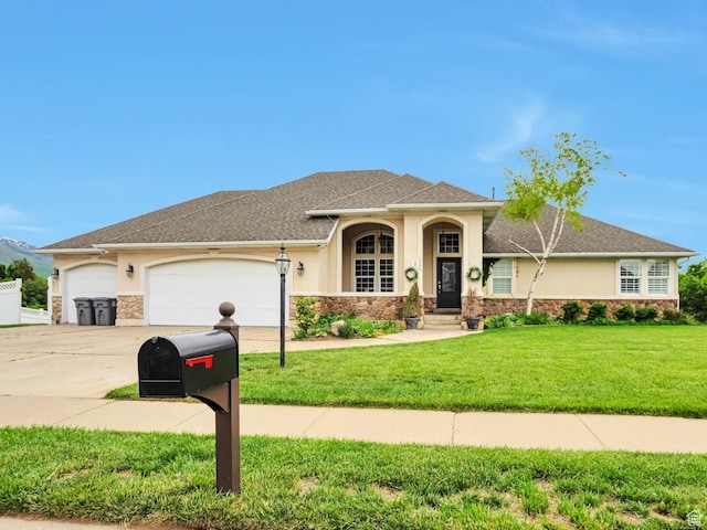 1995 E 6225 S, South Ogden, UT 84403 - view of front of house with stone siding, stucco siding, concrete driveway, and a front yard