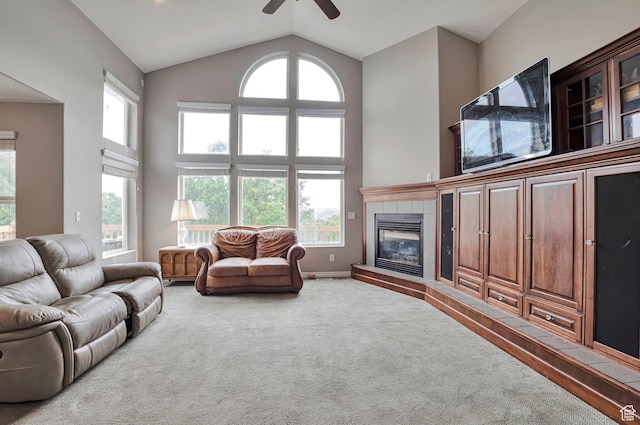1995 E 6225 S, South Ogden, UT 84403 - living area with carpet flooring, a ceiling fan, high vaulted ceiling, and a fireplace