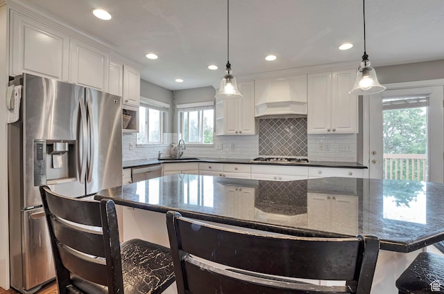 1995 E 6225 S, South Ogden, UT 84403 - kitchen featuring stainless steel refrigerator with ice dispenser, custom range hood, white cabinetry, recessed lighting, and white dishwasher