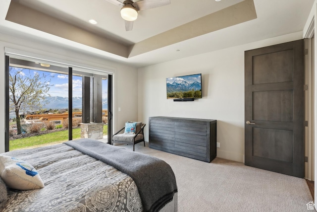 8982 N Mountain Crest Rd, Park City, UT 84098 - bedroom featuring carpet floors, access to outside, baseboards, a raised ceiling, and ceiling fan