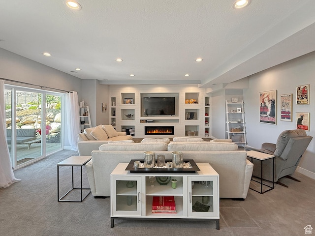 3723 N 500 E, North Ogden, UT 84414 - carpeted living area featuring recessed lighting, baseboards, a warm lit fireplace, and built in shelves
