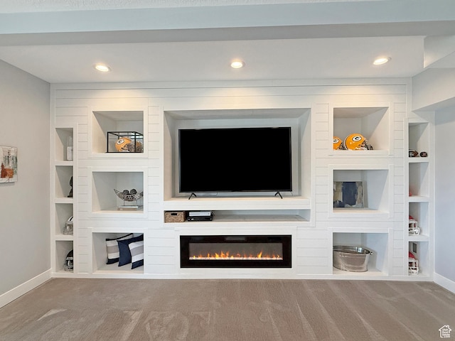 3723 N 500 E, North Ogden, UT 84414 - living room with baseboards, built in features, carpet flooring, and recessed lighting
