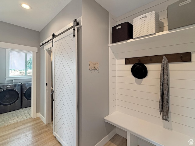 3723 N 500 E, North Ogden, UT 84414 - mudroom with washer and dryer, a barn door, baseboards, light wood finished floors, and recessed lighting