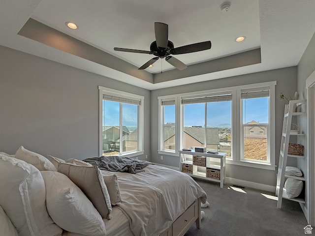 3723 N 500 E, North Ogden, UT 84414 - bedroom featuring a tray ceiling, carpet flooring, recessed lighting, baseboards, and a ceiling fan