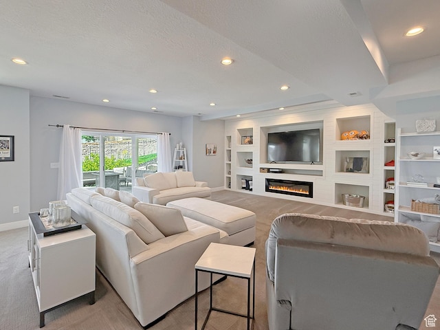 3723 N 500 E, North Ogden, UT 84414 - living room featuring built in features, baseboards, light carpet, recessed lighting, and a glass covered fireplace
