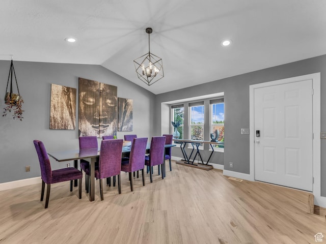 10685 S Superior Cir E, Sandy, UT 84094 - dining area with wood finished floors, baseboards, a chandelier, vaulted ceiling, and recessed lighting