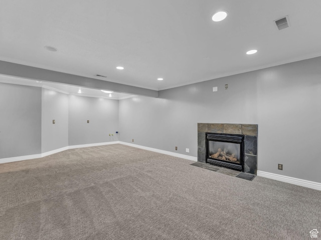 10685 S Superior Cir E, Sandy, UT 84094 - unfurnished living room featuring recessed lighting, carpet, a tile fireplace, ornamental molding, and baseboards