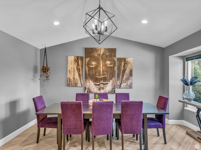 10685 S Superior Cir E, Sandy, UT 84094 - dining area featuring lofted ceiling, wood finished floors, baseboards, a chandelier, and recessed lighting