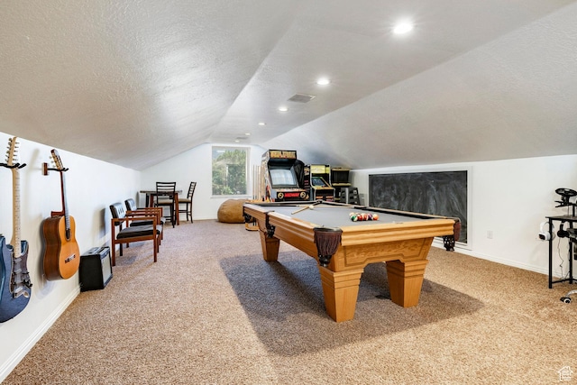 1983 W Ranch Rd, Farmington, UT 84025 - playroom with light carpet, pool table, baseboards, vaulted ceiling, and a textured ceiling