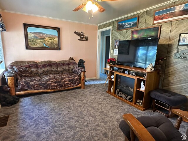 50 N 100 E, Meadow, UT 84644 - living room with a ceiling fan, ornamental molding, and carpet flooring