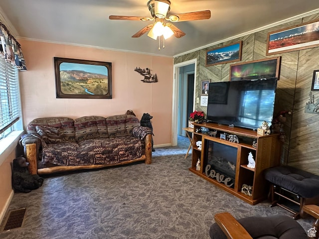 50 N 100 E, Meadow, UT 84644 - carpeted living area featuring a ceiling fan, crown molding, and baseboards