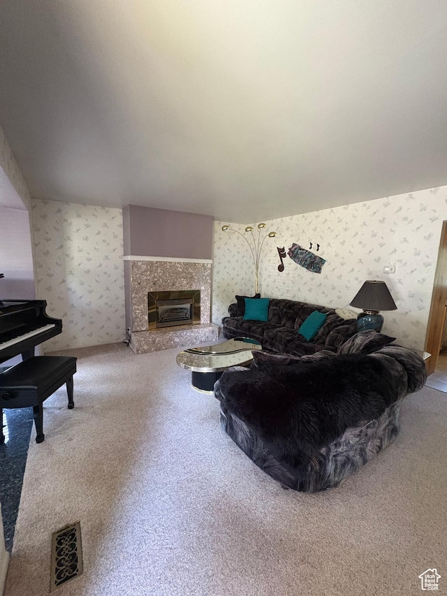 9835 S 610 E, Sandy, UT 84070 - carpeted living area with wallpapered walls and a high end fireplace